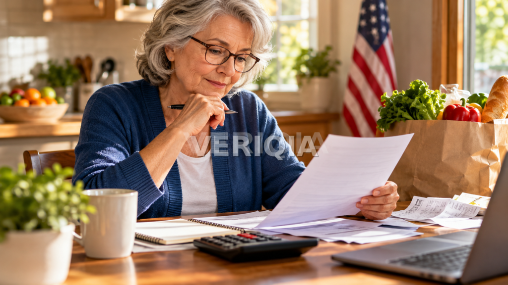 Older woman reviewing household bills and groceries at a kitchen table with an American flag in the background and a centered VERIQIA watermark.