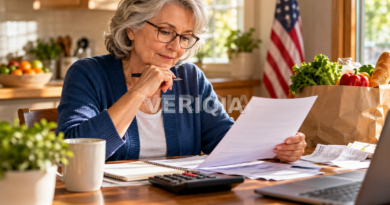 Older woman reviewing household bills and groceries at a kitchen table with an American flag in the background and a centered VERIQIA watermark.