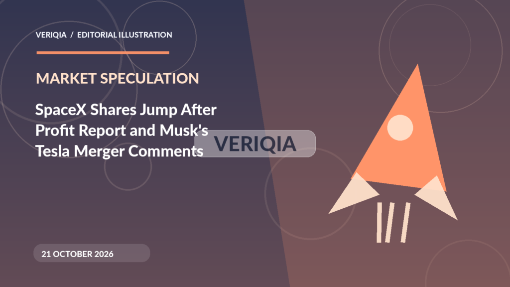 Original illustrated editorial graphic about SpaceX Tesla merger speculation October 2026, showing rocket imagery, with a centered VERIQIA watermark