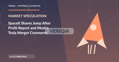 Original illustrated editorial graphic about SpaceX Tesla merger speculation October 2026, showing rocket imagery, with a centered VERIQIA watermark