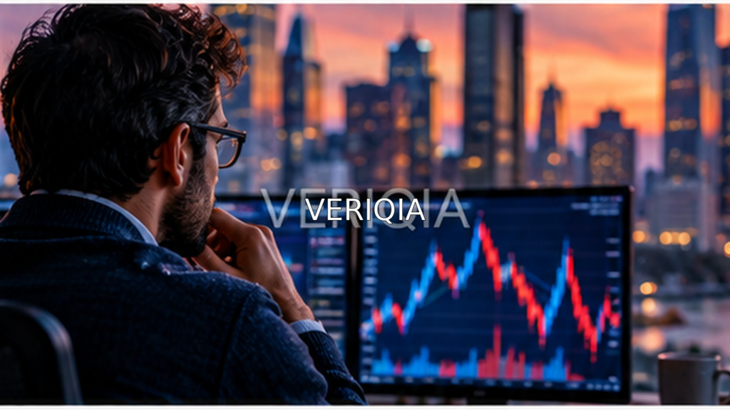 Investor studying a stock chart against a city skyline with centered VERIQIA watermark.