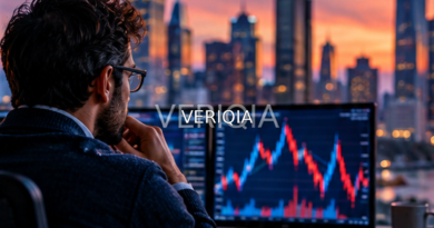 Investor studying a stock chart against a city skyline with centered VERIQIA watermark.
