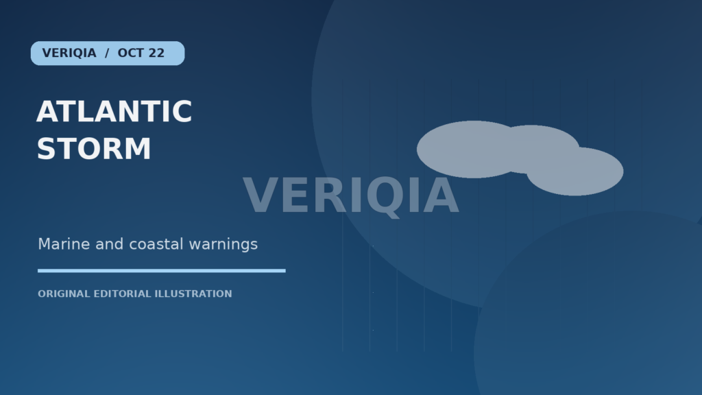 Original editorial illustration showing ocean waves and clouds representing offshore storm conditions for Storm Josephine Brings Offshore Winds and Coastal Flood Risk, with a centered VERIQIA watermark