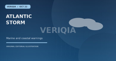 Original editorial illustration showing ocean waves and clouds representing offshore storm conditions for Storm Josephine Brings Offshore Winds and Coastal Flood Risk, with a centered VERIQIA watermark