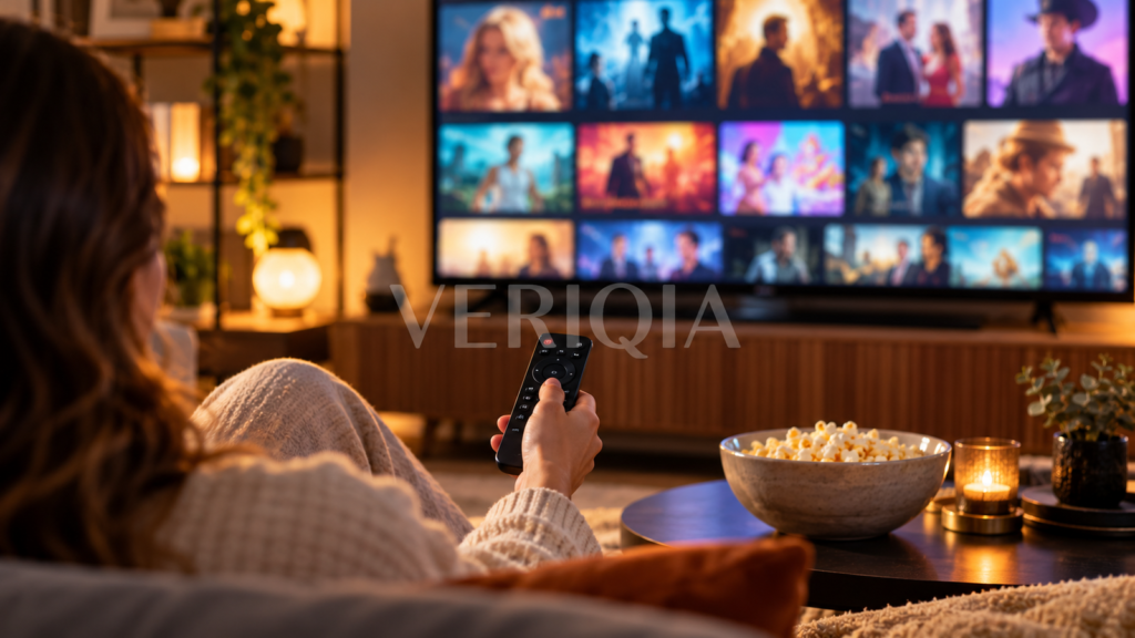 Viewer choosing a streaming title on a television in a warm living room