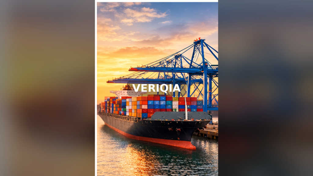 Container ship and cranes at a sunlit international shipping port