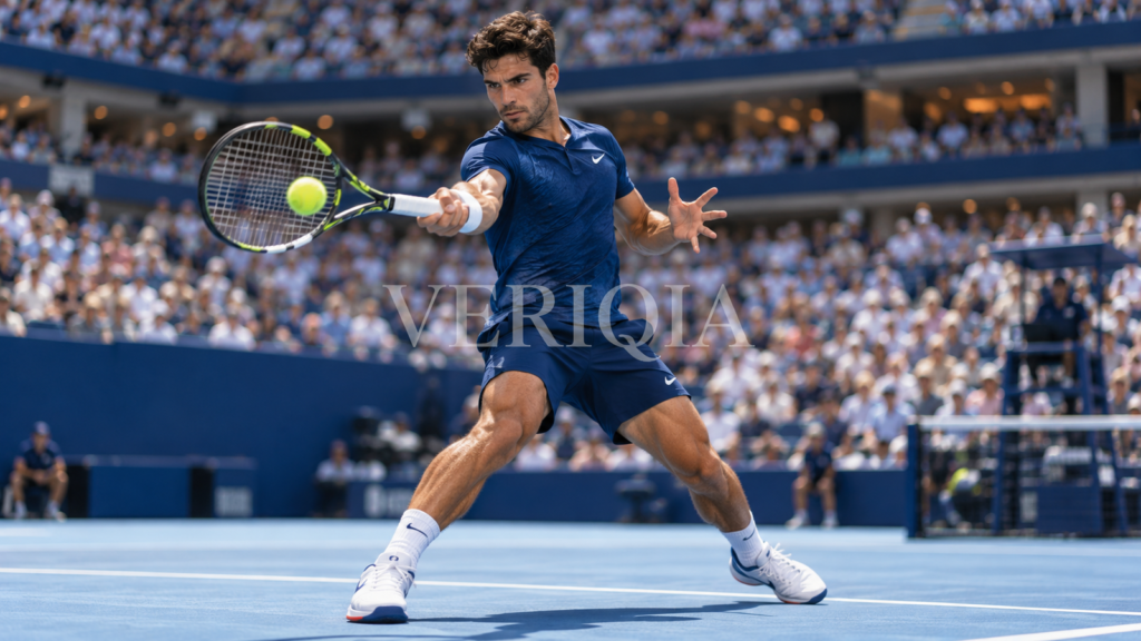 Tennis player hitting a forehand on a blue hard court