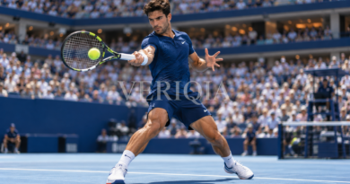 Tennis player hitting a forehand on a blue hard court
