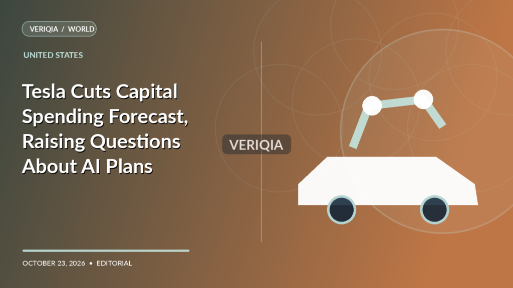 Original VERIQIA editorial illustration of electric car silhouette and robotics production line for the report Tesla Cuts Capital Spending Forecast, Raising Questions About AI Plans, with a subtle centered VERIQIA watermark.