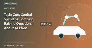 Original VERIQIA editorial illustration of electric car silhouette and robotics production line for the report Tesla Cuts Capital Spending Forecast, Raising Questions About AI Plans, with a subtle centered VERIQIA watermark.