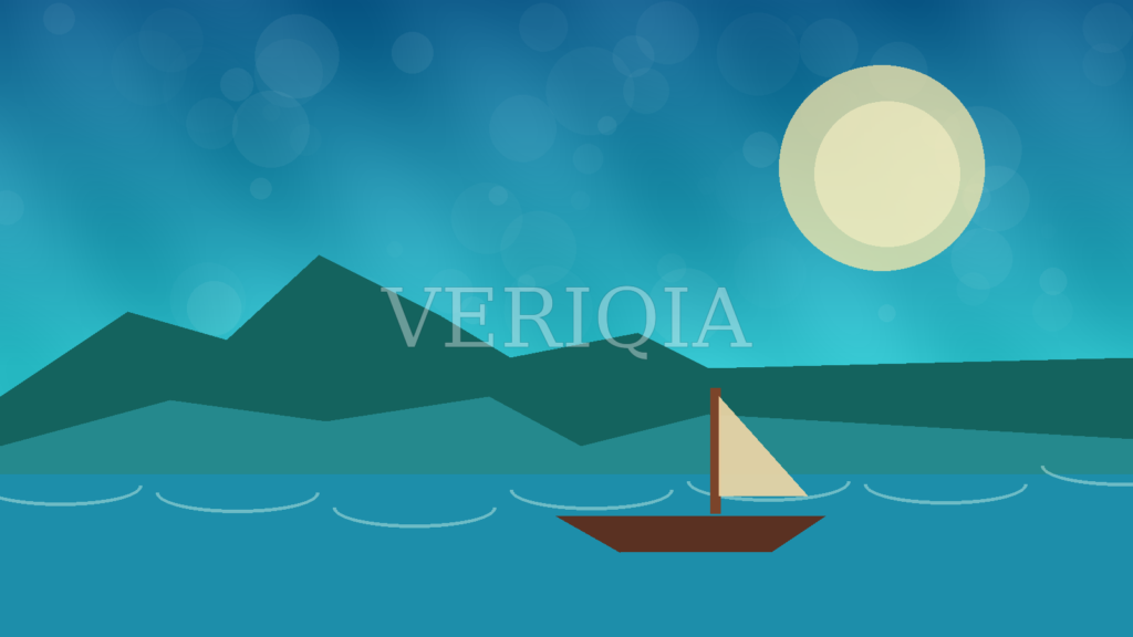 Original coastal illustration with a long-tail boat on tropical blue waters and a centered VERIQIA watermark