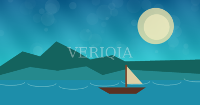 Original coastal illustration with a long-tail boat on tropical blue waters and a centered VERIQIA watermark