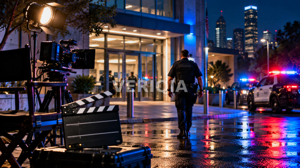 Nighttime police-station film set with a camera, clapperboard, police vehicles and dramatic blue-red lighting, with a centered VERIQIA watermark.