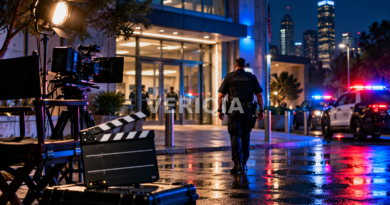 Nighttime police-station film set with a camera, clapperboard, police vehicles and dramatic blue-red lighting, with a centered VERIQIA watermark.