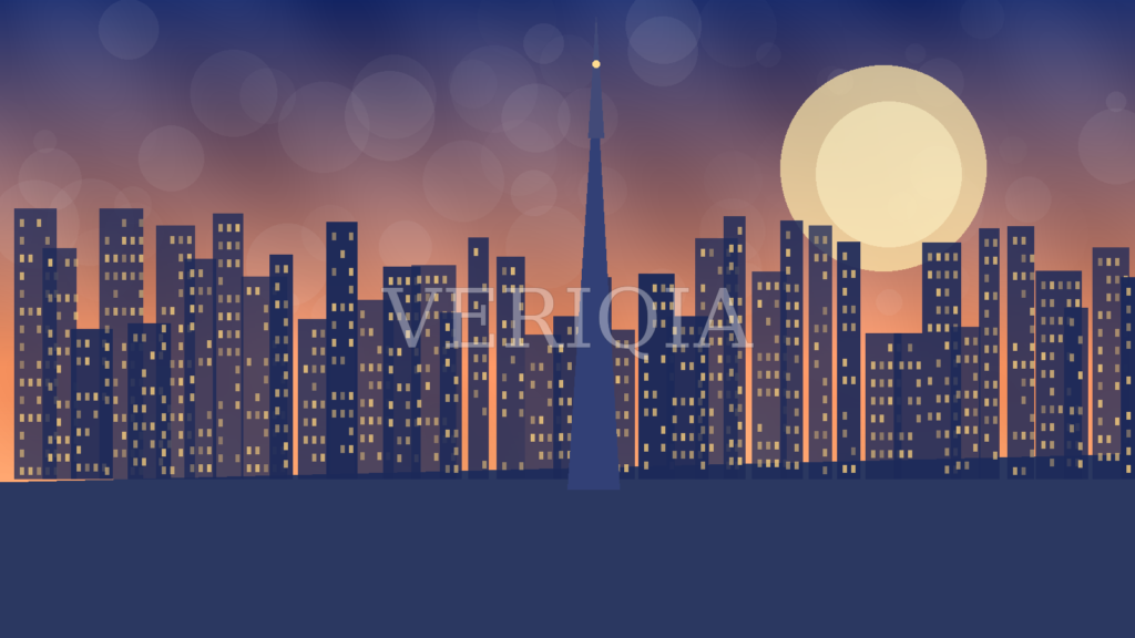 Original illustrated Dubai skyline at dusk including a tall central tower and centered VERIQIA watermark