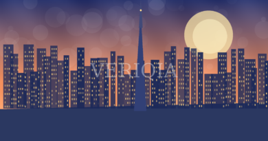 Original illustrated Dubai skyline at dusk including a tall central tower and centered VERIQIA watermark