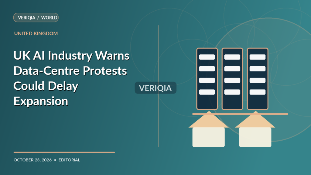 Original VERIQIA editorial illustration of UK data centre cooling towers and community homes for the report UK AI Industry Warns Data-Centre Protests Could Delay Expansion, with a subtle centered VERIQIA watermark.