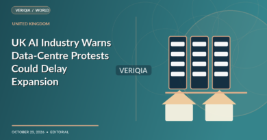 Original VERIQIA editorial illustration of UK data centre cooling towers and community homes for the report UK AI Industry Warns Data-Centre Protests Could Delay Expansion, with a subtle centered VERIQIA watermark.