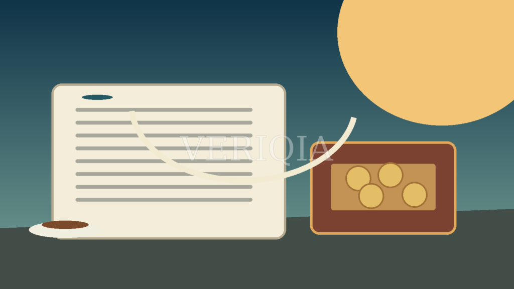 Editorial illustration of pension documents, coins and a cup on a desk with centered VERIQIA watermark