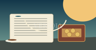 Editorial illustration of pension documents, coins and a cup on a desk with centered VERIQIA watermark