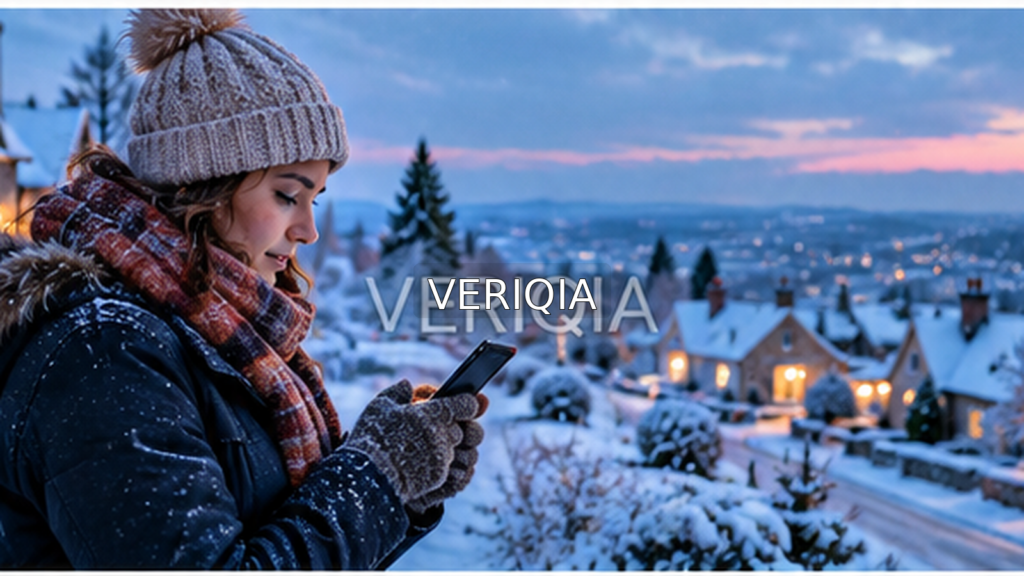 Person checking a phone in a snow-covered UK-style neighborhood with centered VERIQIA watermark.