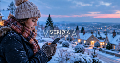 Person checking a phone in a snow-covered UK-style neighborhood with centered VERIQIA watermark.