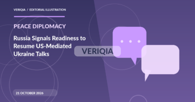 Original illustrated editorial graphic about Russia Ukraine US peace talks October 2026, showing dialogue imagery, with a centered VERIQIA watermark