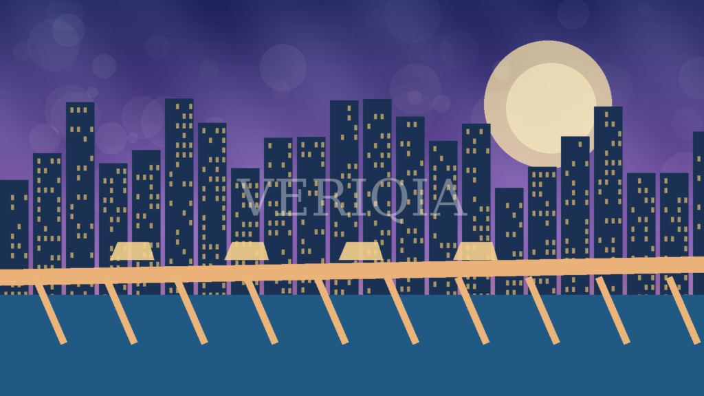 Original illustrated city skyline and elevated transport bridge at sunset with centered VERIQIA watermark
