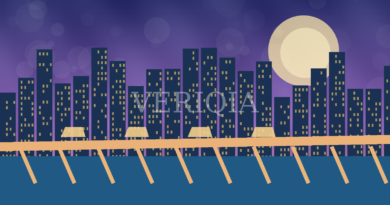 Original illustrated city skyline and elevated transport bridge at sunset with centered VERIQIA watermark