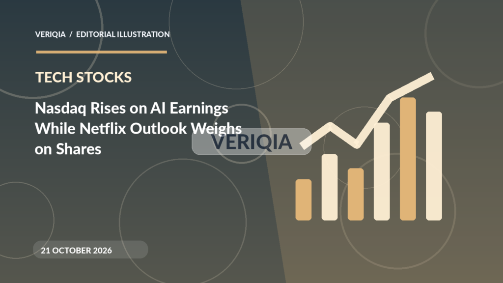 Original illustrated editorial graphic about Nasdaq AI earnings Netflix October 21, showing graph imagery, with a centered VERIQIA watermark