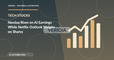 Original illustrated editorial graphic about Nasdaq AI earnings Netflix October 21, showing graph imagery, with a centered VERIQIA watermark