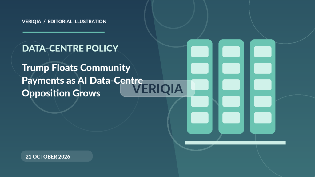 Original illustrated editorial graphic about data center community dividend proposal, showing server imagery, with a centered VERIQIA watermark