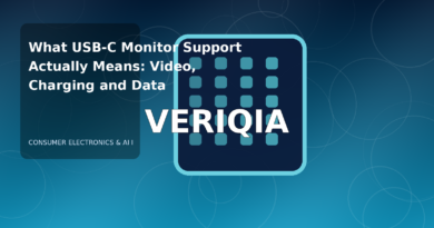 Original editorial illustration illustrating USB C monitor compatibility, with VERIQIA watermark