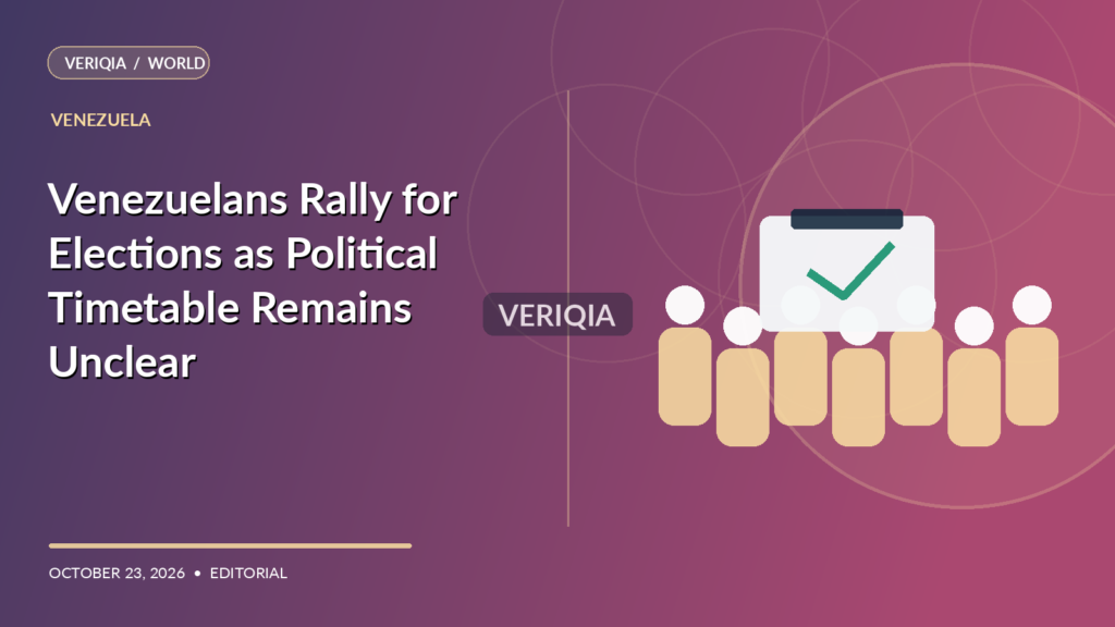 Original VERIQIA editorial illustration of peaceful protest crowd with ballot box symbol for the report Venezuelans Rally for Elections as Political Timetable Remains Unclear, with a subtle centered VERIQIA watermark.
