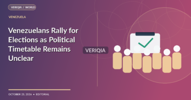 Original VERIQIA editorial illustration of peaceful protest crowd with ballot box symbol for the report Venezuelans Rally for Elections as Political Timetable Remains Unclear, with a subtle centered VERIQIA watermark.