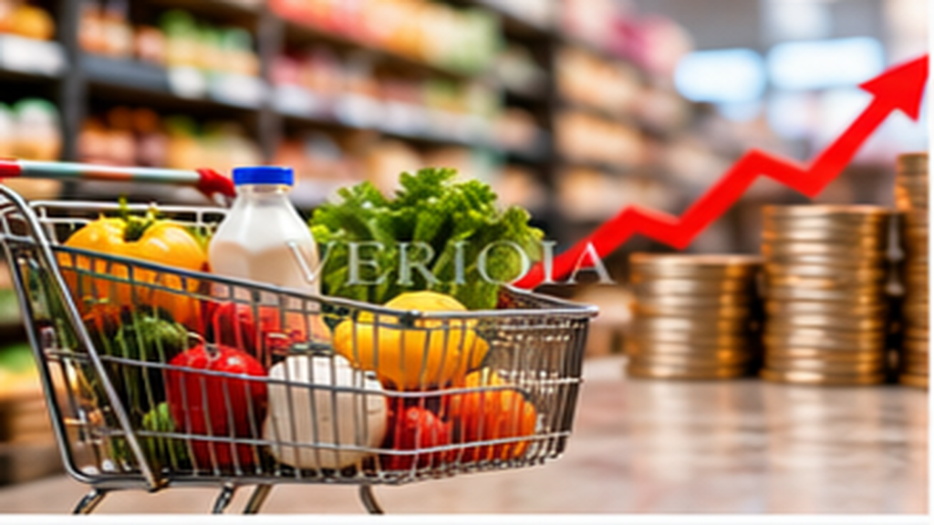Groceries in shopping cart with rising financial chart, colourful landscape editorial photograph with subtle centered VERIQIA watermark