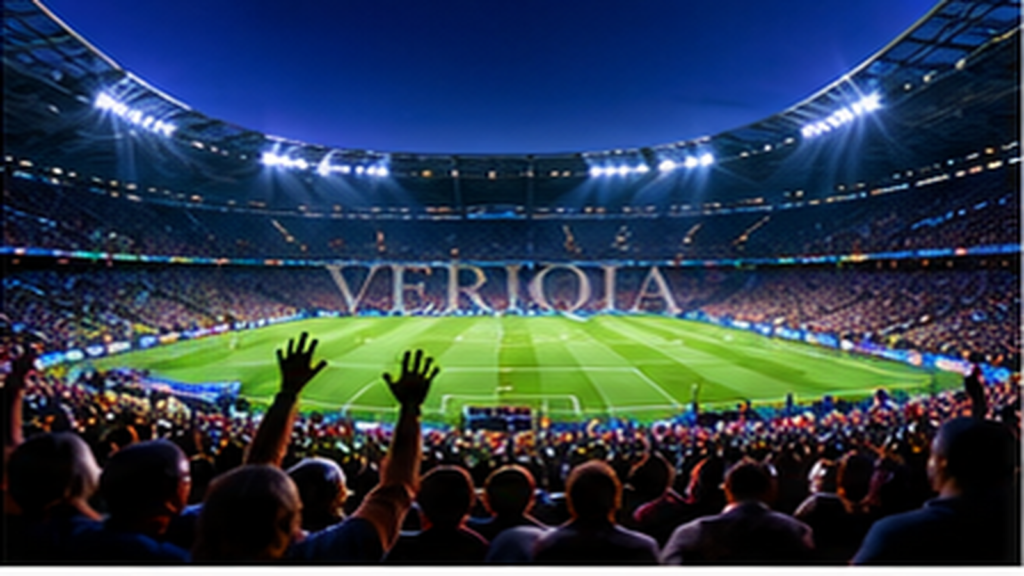 Crowded floodlit football stadium at night, colourful landscape editorial photograph with subtle centered VERIQIA watermark