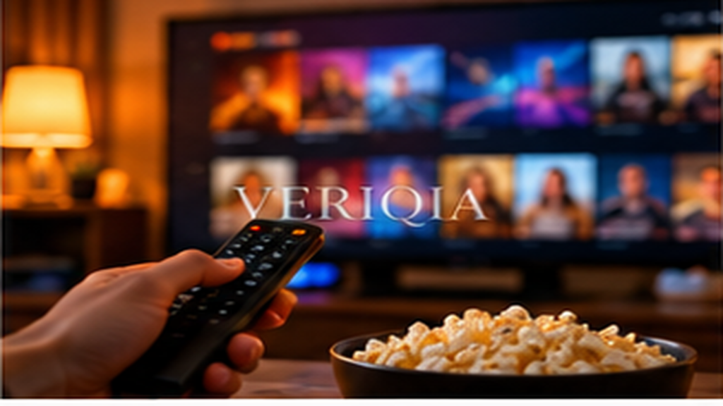 Home television streaming screen and popcorn, colourful landscape editorial photograph with subtle centered VERIQIA watermark