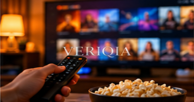 Home television streaming screen and popcorn, colourful landscape editorial photograph with subtle centered VERIQIA watermark