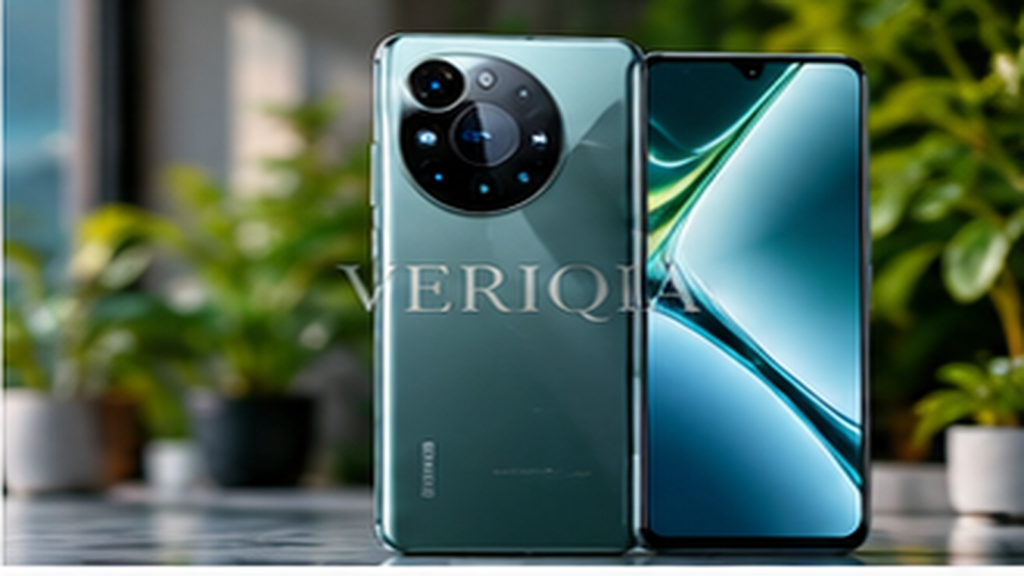 Two premium smartphones with prominent cameras, colourful landscape editorial photograph with subtle centered VERIQIA watermark
