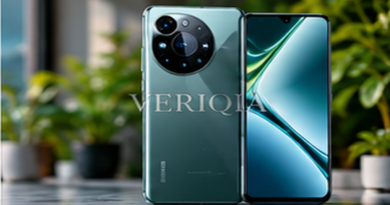 Two premium smartphones with prominent cameras, colourful landscape editorial photograph with subtle centered VERIQIA watermark