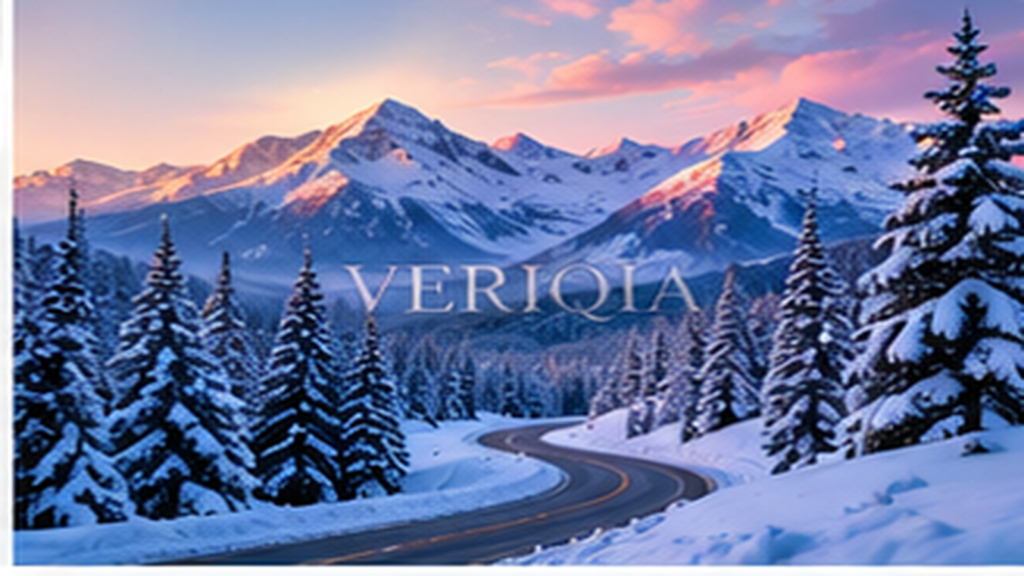 Snowy mountain highway at pink sunrise, colourful landscape editorial photograph with subtle centered VERIQIA watermark
