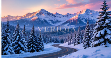 Snowy mountain highway at pink sunrise, colourful landscape editorial photograph with subtle centered VERIQIA watermark