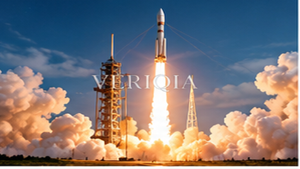 Rocket rising from launch pad through bright clouds, colourful landscape editorial photograph with subtle centered VERIQIA watermark