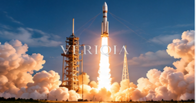 Rocket rising from launch pad through bright clouds, colourful landscape editorial photograph with subtle centered VERIQIA watermark