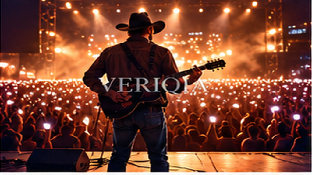 Performer silhouette facing colourful concert audience, colourful landscape editorial photograph with subtle centered VERIQIA watermark