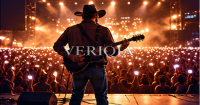 Performer silhouette facing colourful concert audience, colourful landscape editorial photograph with subtle centered VERIQIA watermark