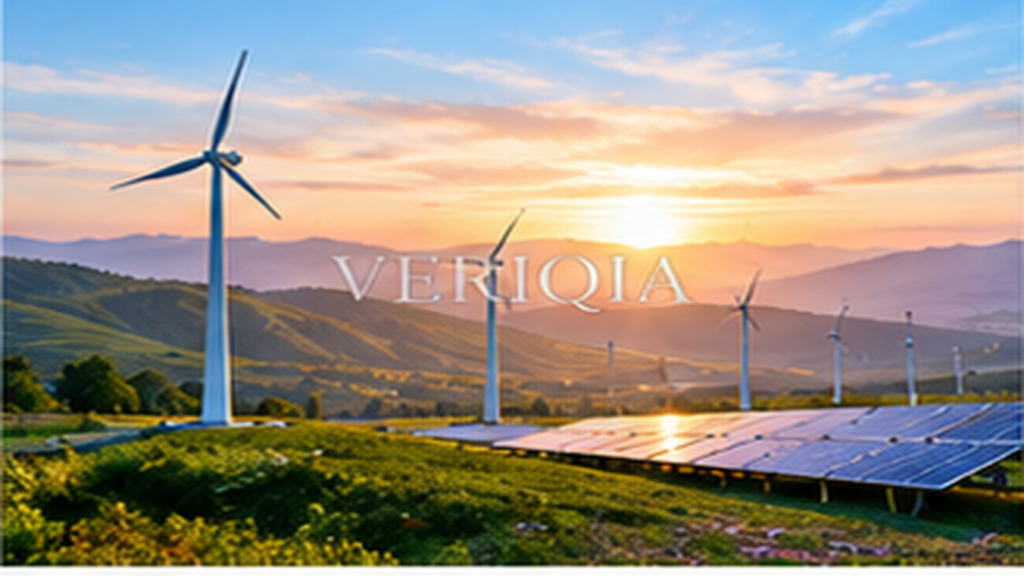 Wind turbines and solar panels over hills at sunset, colourful landscape editorial photograph with subtle centered VERIQIA watermark