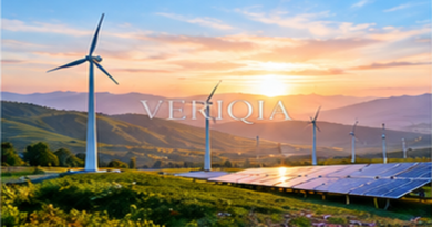 Wind turbines and solar panels over hills at sunset, colourful landscape editorial photograph with subtle centered VERIQIA watermark