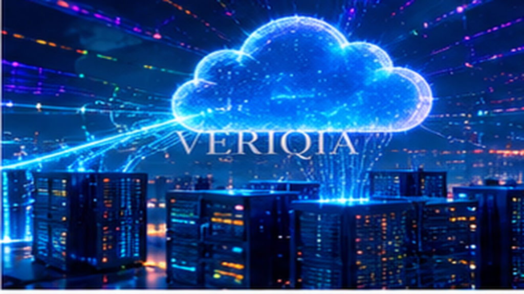Glowing cloud network above server skyline, colourful landscape editorial photograph with subtle centered VERIQIA watermark